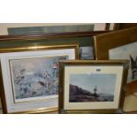 A SMALL SELECTION OF PAINTINGS AND PRINTS ETC, comprising a late 20th century coastal watercolour