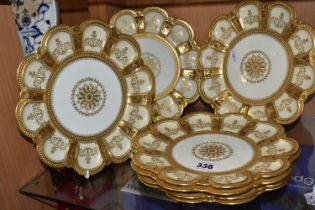 SEVEN ROYAL CROWN DERBY DESSERT PLATES, in the Lichfield shape, pattern no 3179, with heavily gilt