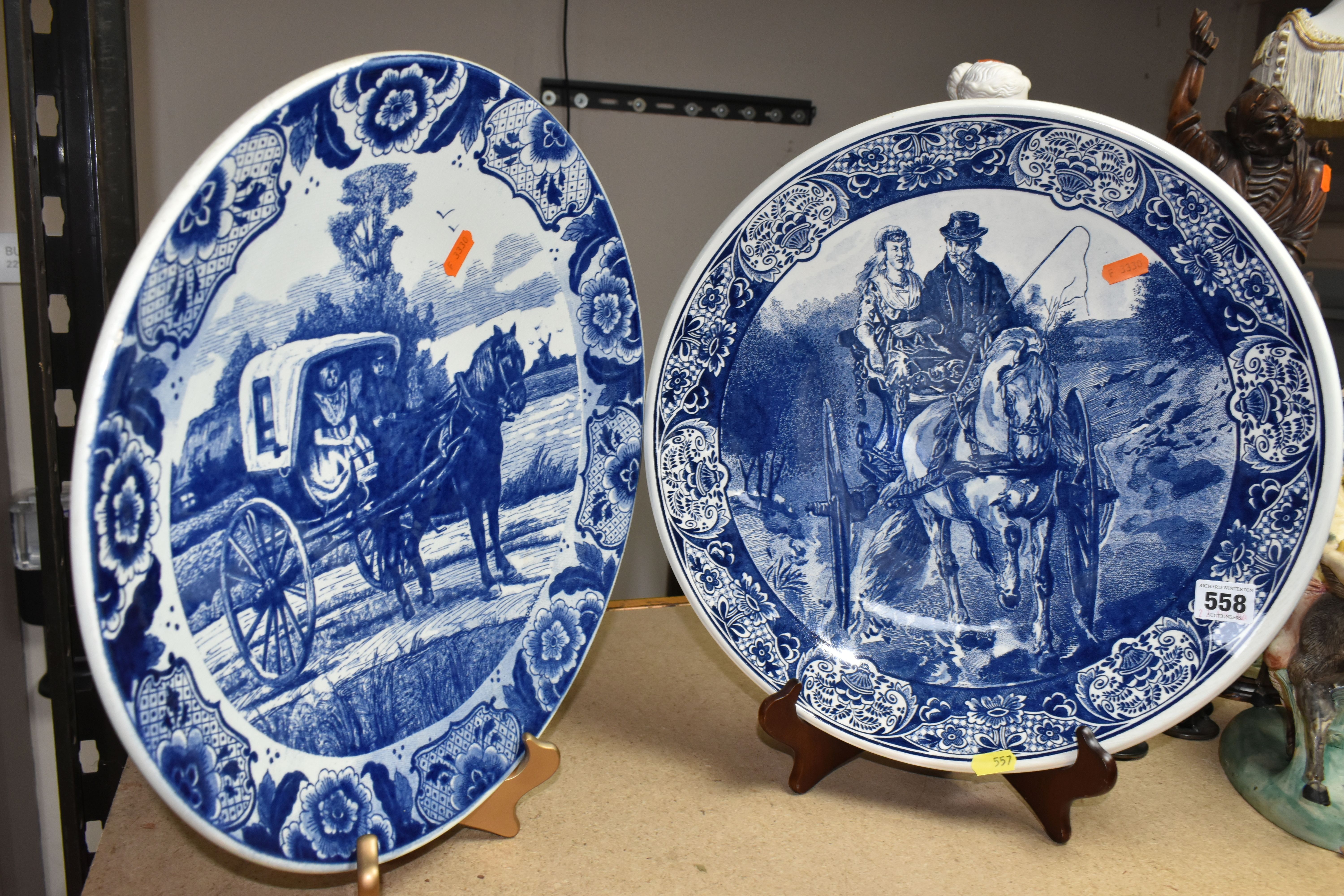 TWO DELFT CHARGERS, blue and white with blue printed Delft mark to the base, depicting a carriage - Image 2 of 5