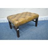A 20TH CENTURY FOOTSTOOL, with tanned leather buttoned upholstery, raised on square tapered legs,