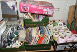 A QUANTITY OF HABERDASHERY ITEMS ETC, to include a boxed Knitmaster knitting machine, a boxed Tomy