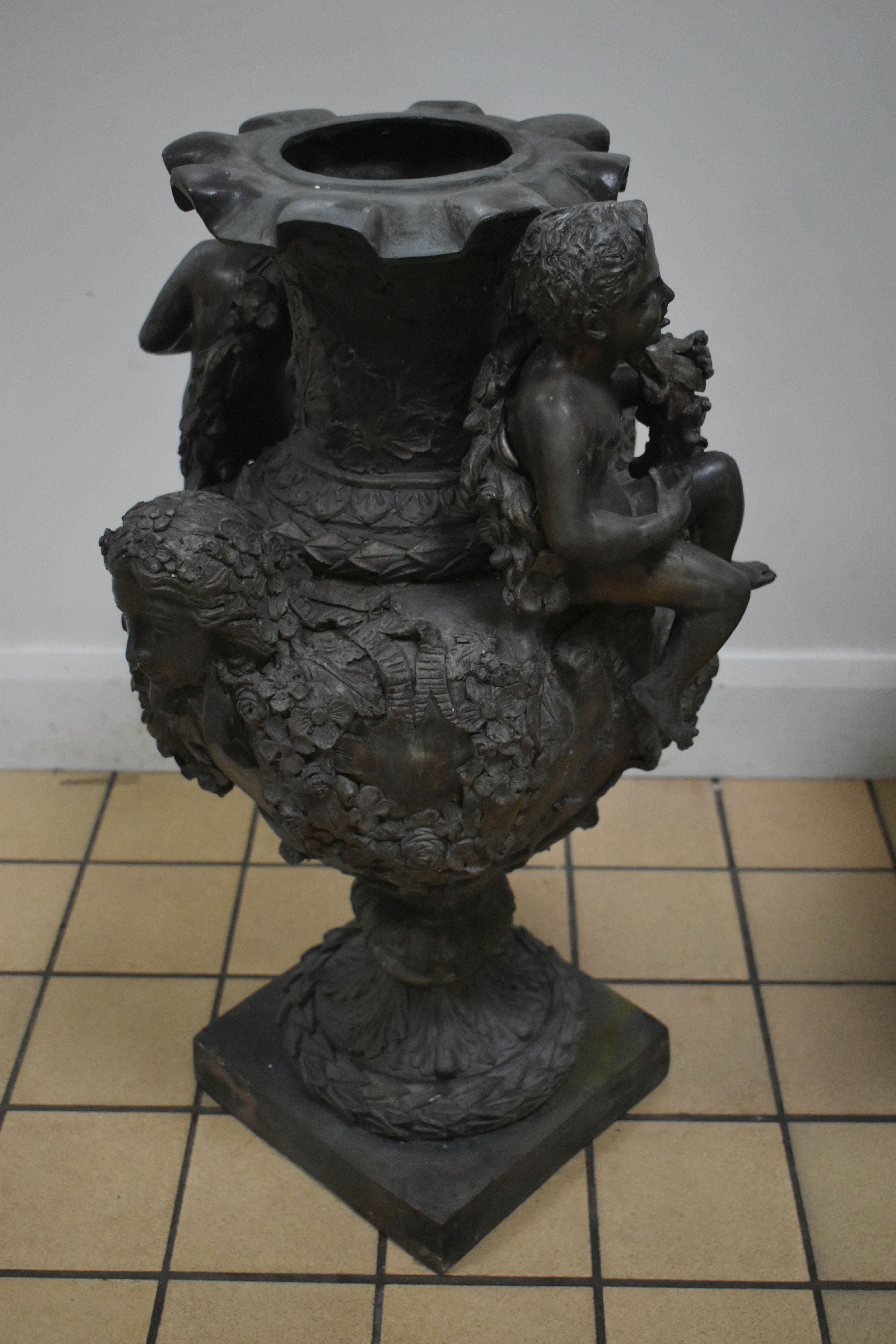 A PAIR OF SECOND HALF 20TH CENTURY WEATHERED BRONZE URNS, cast with two seated putti, two female - Image 3 of 15