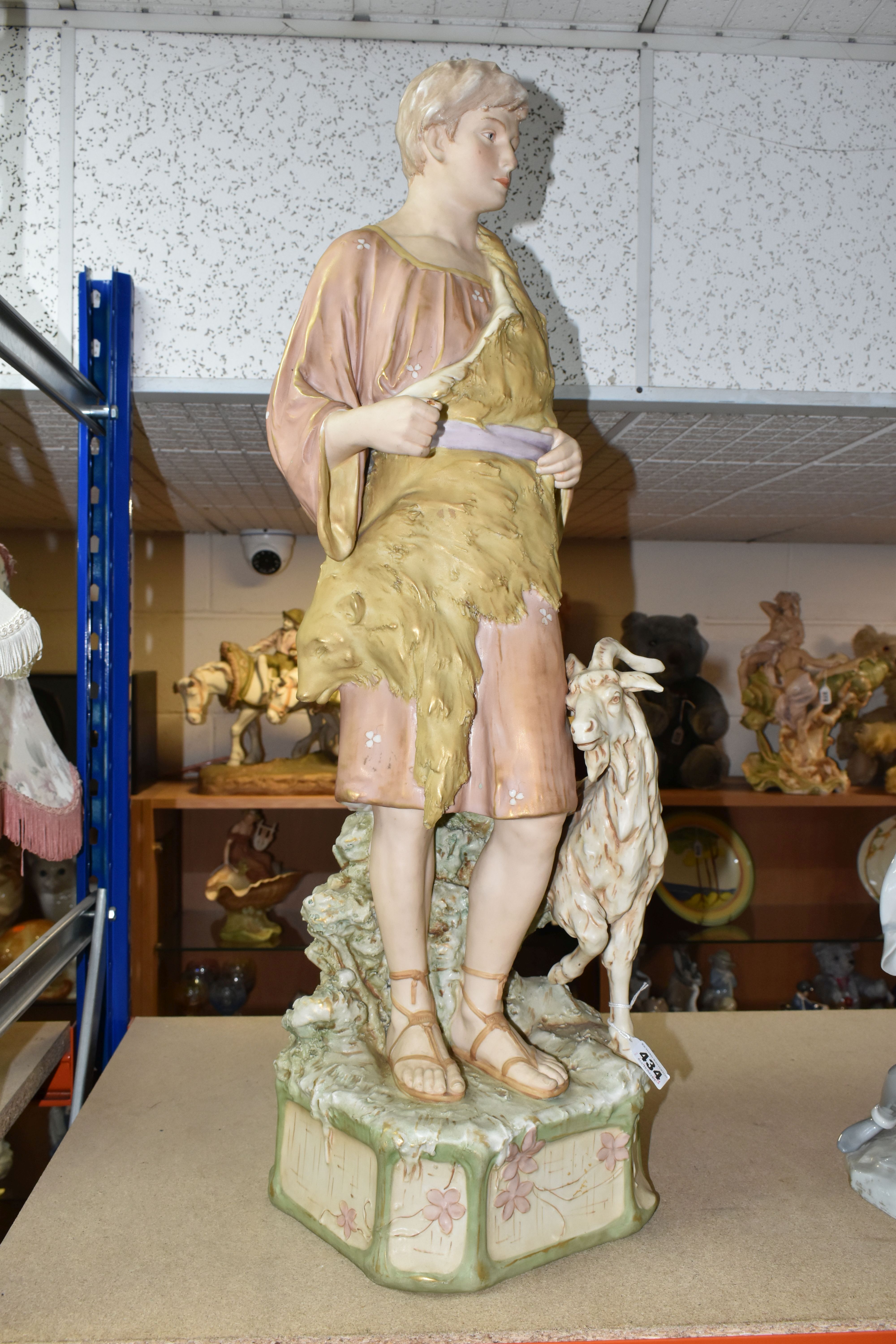 A ROYAL DUX SCULPTURE OF A GOATHERD WITH A GOAT, pink makers mark and impressed numbers 1061 to - Image 4 of 10