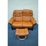AN EKORNES STRESSLESS TWO SEATER RECLINING SOFA, 154cm x depth 78cm x height 106cm, along with a
