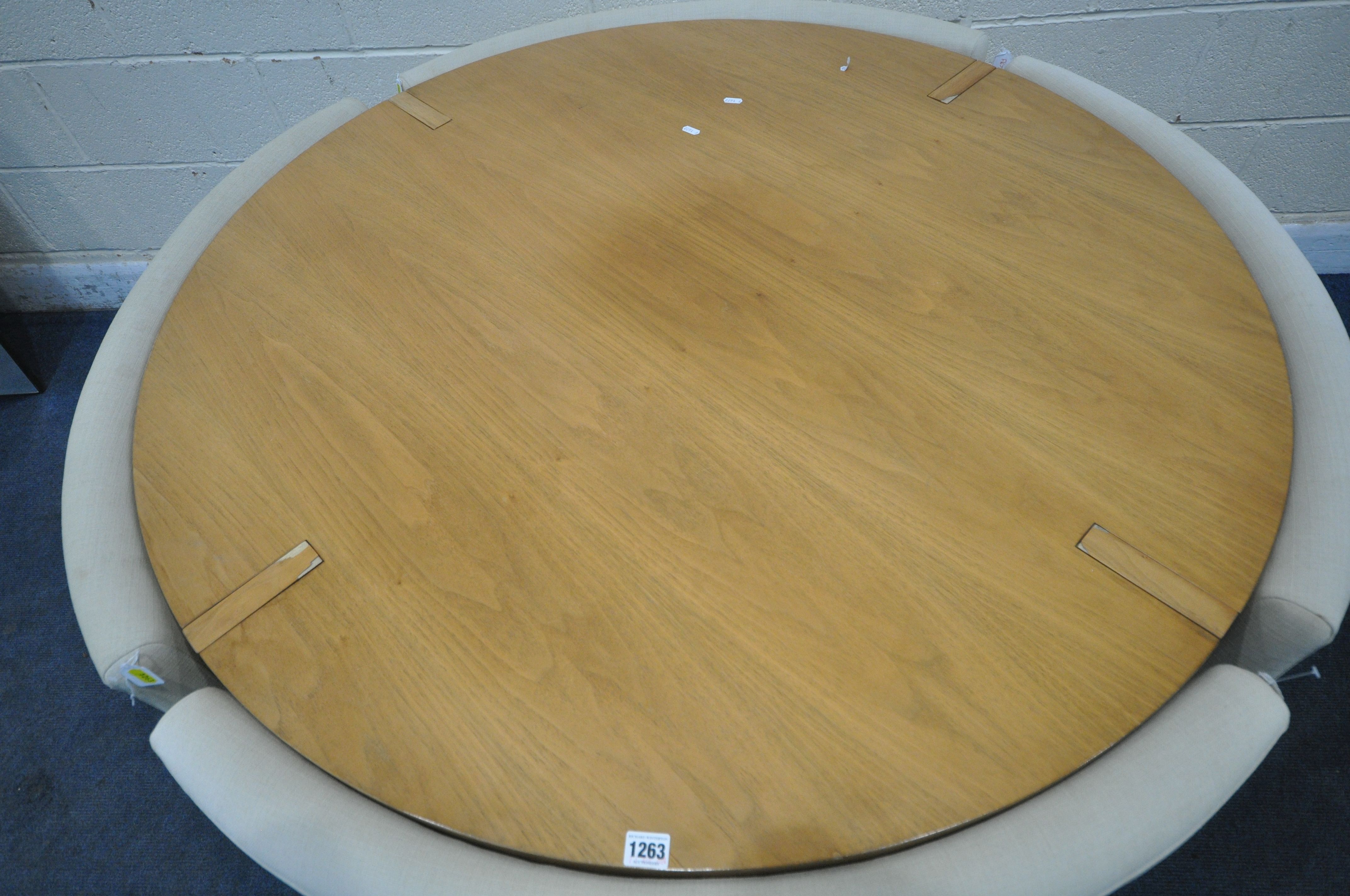 A MID CENTURY CIRCULAR DINING TABLE, diameter 120cm x height 75cm, along with a set of four beige - Image 2 of 6