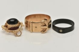 A 9CT GOLD BUCKLE RING AND TWO OTHER ITEMS, a wide buckle ring, approximate width 10mm, hallmarked
