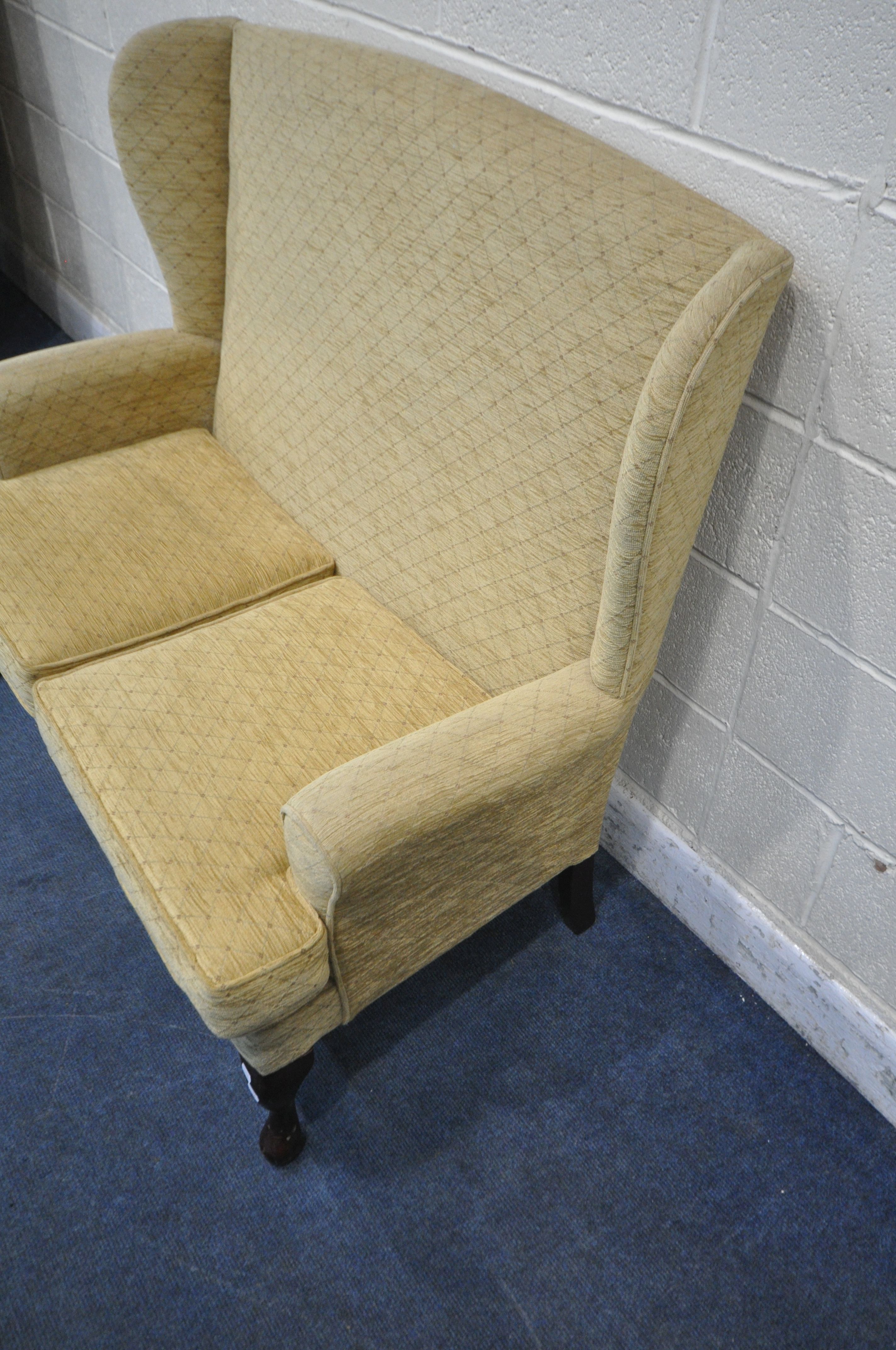 A REPRODUCTION WINGBACK TWO SEATER SOFA, on front cabriole legs, width 121cm x depth 73cm x height - Image 2 of 3