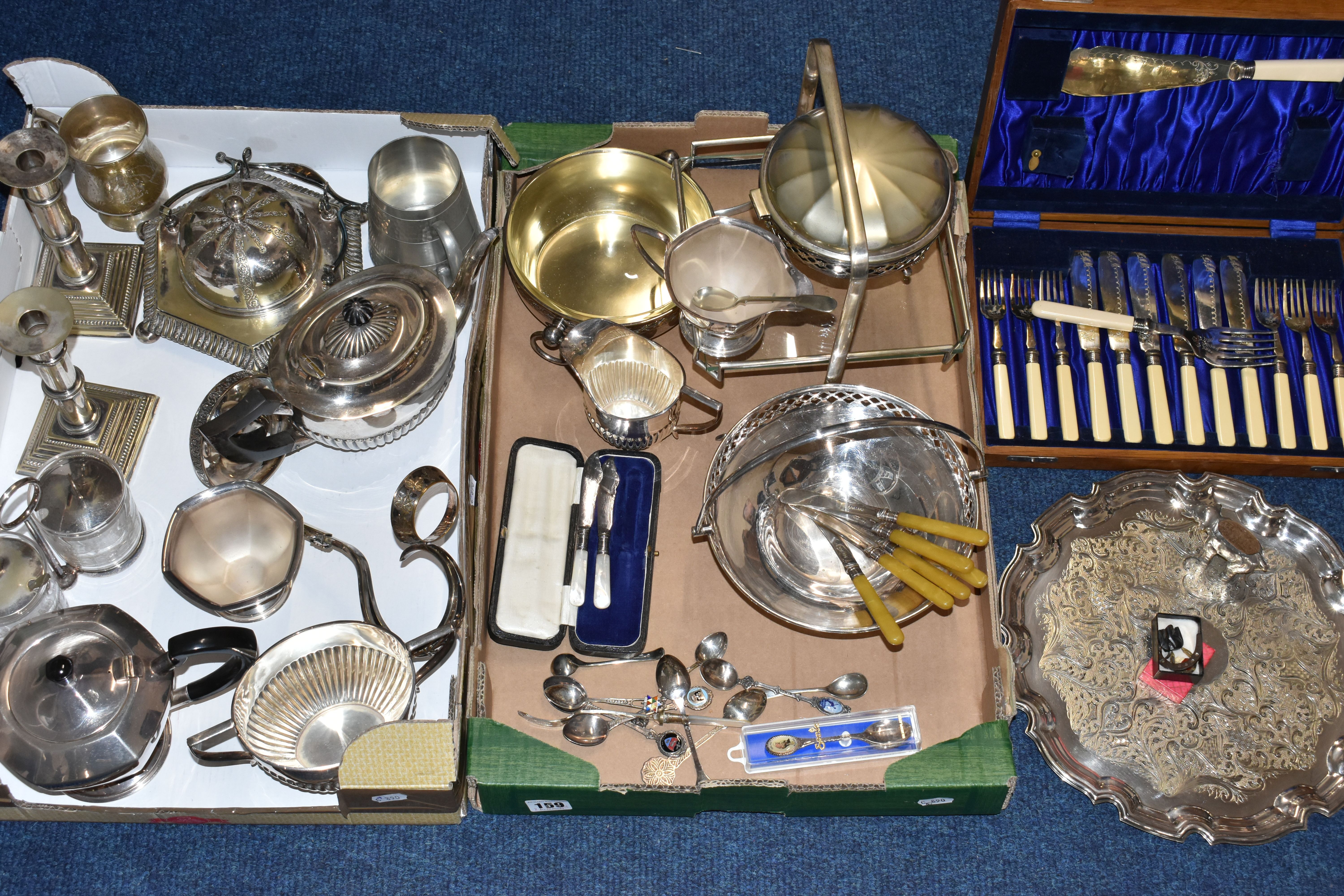 TWO BOXES OF ASSORTED WHITE METAL WARE, to include an EPNS circular tray with wavy outline,