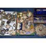TWO BOXES OF ASSORTED WHITE METAL WARE, to include an EPNS circular tray with wavy outline,