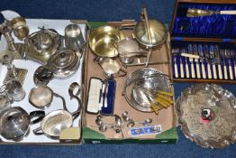 TWO BOXES OF ASSORTED WHITE METAL WARE, to include an EPNS circular tray with wavy outline,