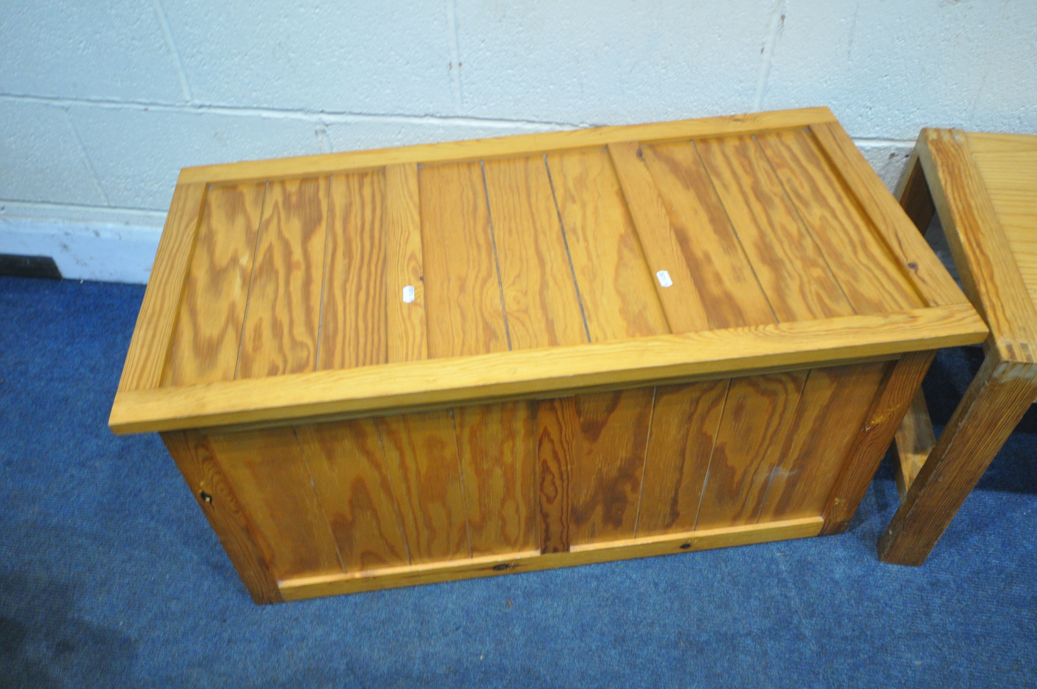 A PINE RECTANGULAR COFFEE TABLE, length 143cm x depth 45cm x height 44cm, along with two pine - Image 4 of 5