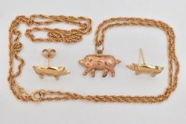 A 9CT GOLD PIG PENDANT A CHAIN AND EARRINGS, hollow textured pig charm/pendant, hallmarked 9ct