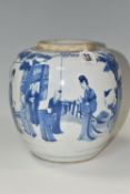 A 19TH CENTURY CHINESE PORCELAIN BLUE AND WHITE GINGER JAR WITH LEAF MARK TO BASE, decorated with