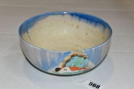A CLARICE CLIFF BIZARRE NEWLYN PATTERN BOWL, the interior with streaked blue glaze rim and worn