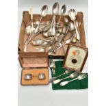 A BOX OF ASSORTED ITEMS, to include various pieces of EPNS cutlery, a boxed pair of white metal