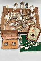 A BOX OF ASSORTED ITEMS, to include various pieces of EPNS cutlery, a boxed pair of white metal