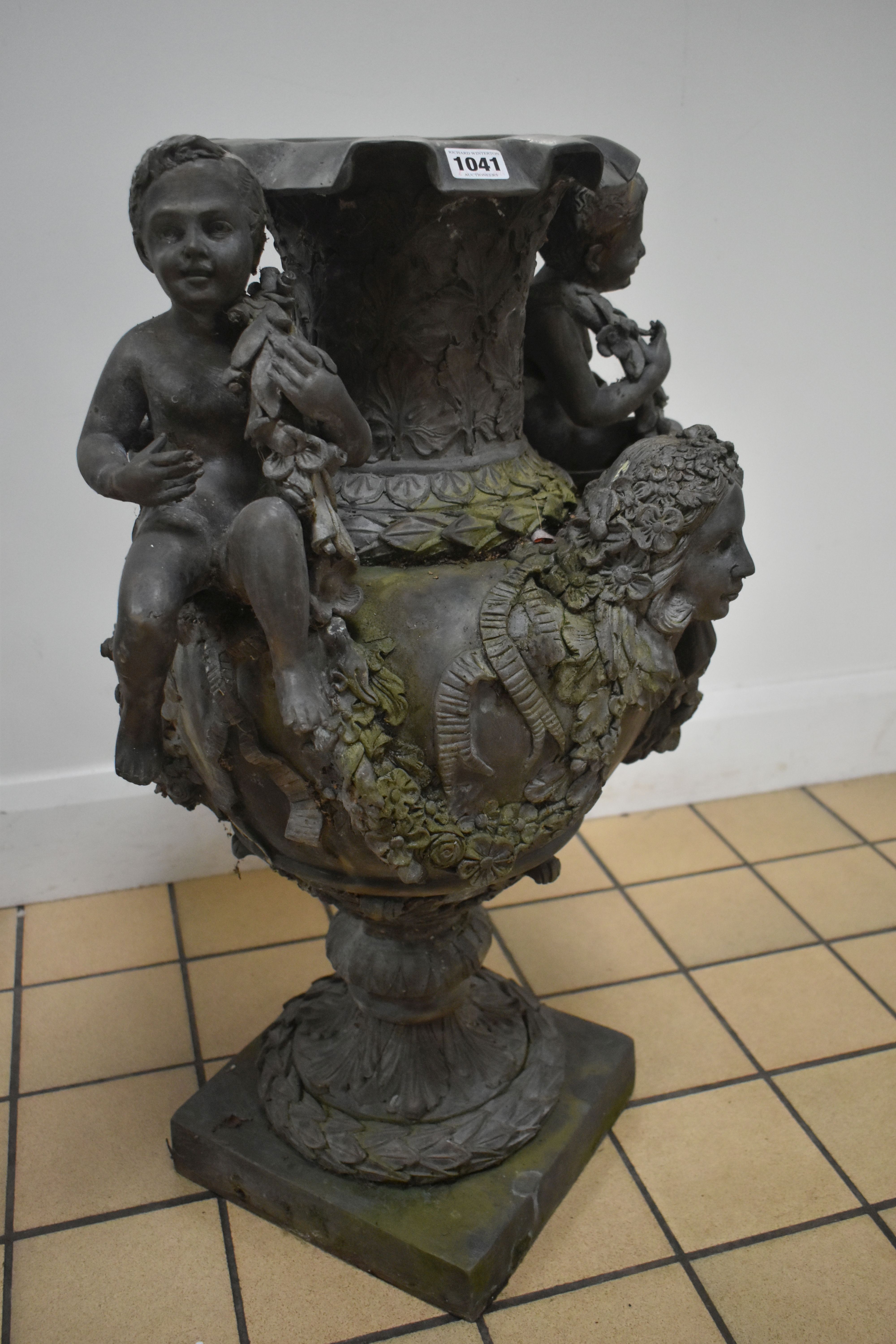 A PAIR OF SECOND HALF 20TH CENTURY WEATHERED BRONZE URNS, cast with two seated putti, two female - Image 4 of 15