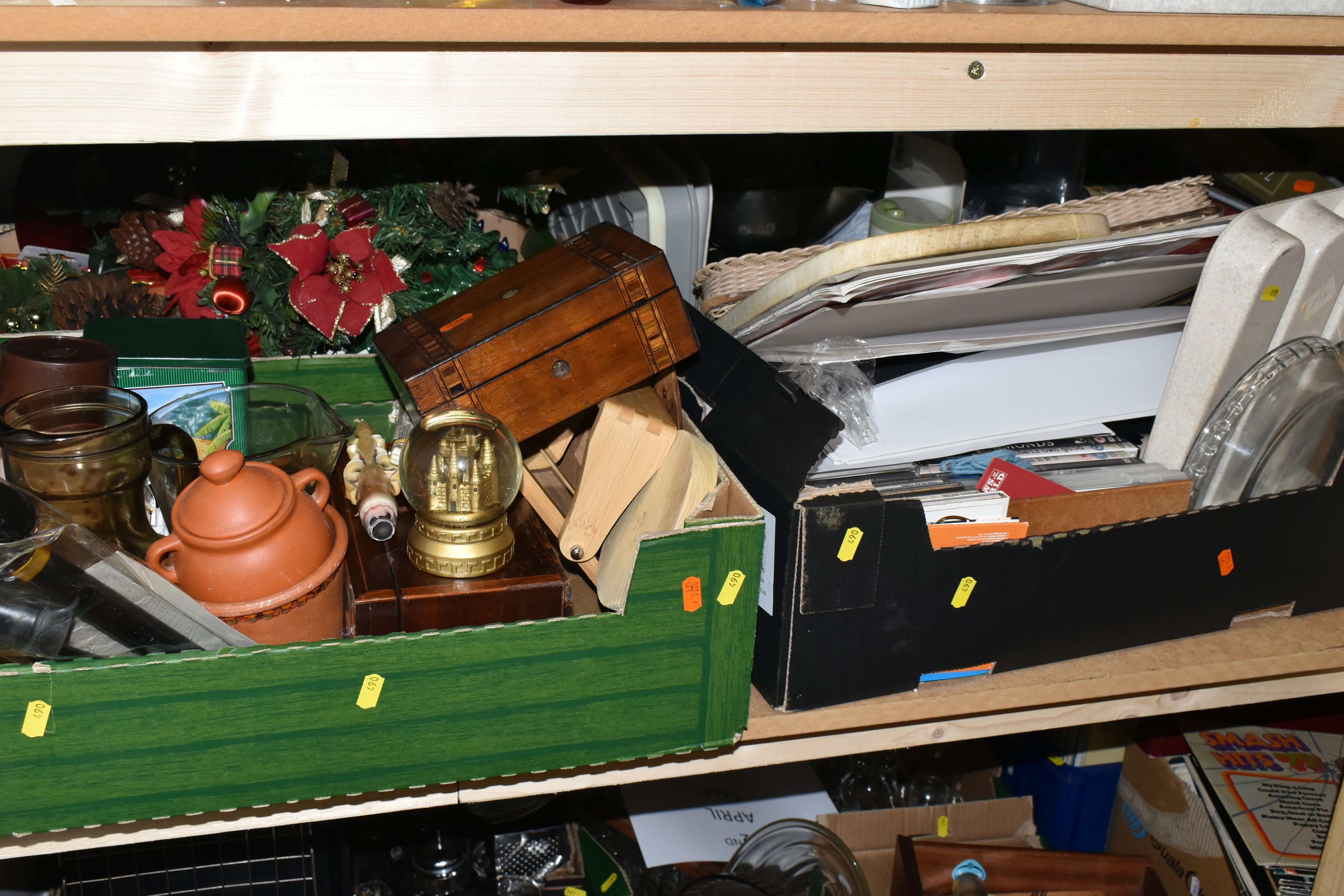 SEVEN BOXES OF KITCHENWARE AND SUNDRIES, to include oven dishes, framed prints, Christmas - Image 2 of 8