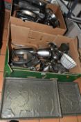 TWO BOXES OF METAL WARE, to include an Armada pewter footed bowl in the form of a flower, a