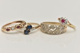 FOUR GEM SET RINGS, to include an open work diamond set band ring, hallmarked 9ct Edinburgh, ring