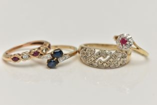 FOUR GEM SET RINGS, to include an open work diamond set band ring, hallmarked 9ct Edinburgh, ring