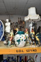 A GROUP OF TALL ORNAMENTS, comprising two ceramic cockerels and two metal cockerel ornaments, a