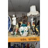 A GROUP OF TALL ORNAMENTS, comprising two ceramic cockerels and two metal cockerel ornaments, a