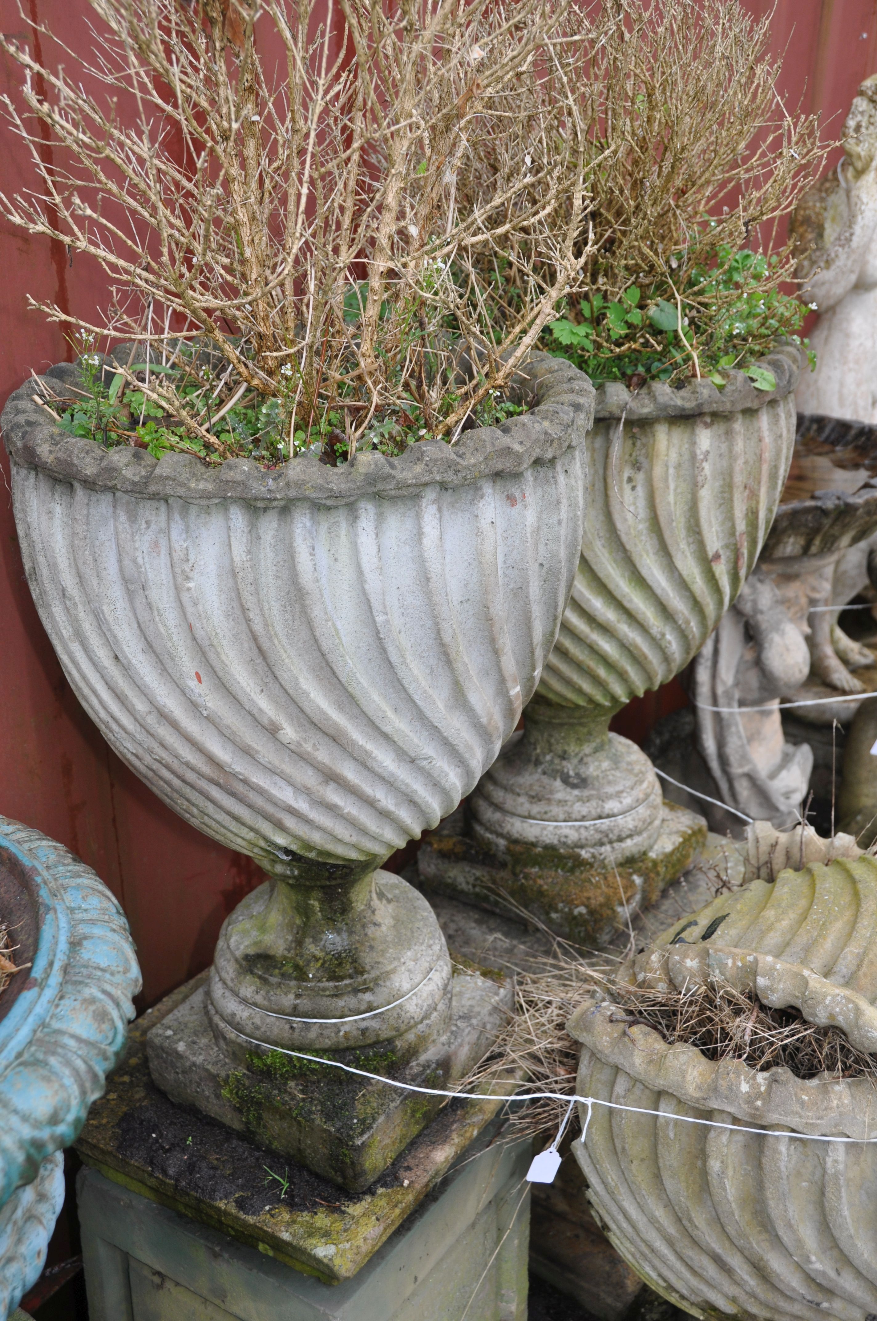 A PAIR OF WEATHERED COMPOSITE SPIRAL FLUTED GARDEN URNS mounted on two different square bases and - Image 2 of 3