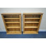 A PAIR OF PINE OPEN BOOKCASES, each with three fixed shelves, width 92cm x depth 25cm x height 122cm