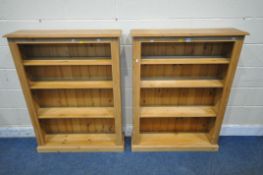 A PAIR OF PINE OPEN BOOKCASES, each with three fixed shelves, width 92cm x depth 25cm x height 122cm