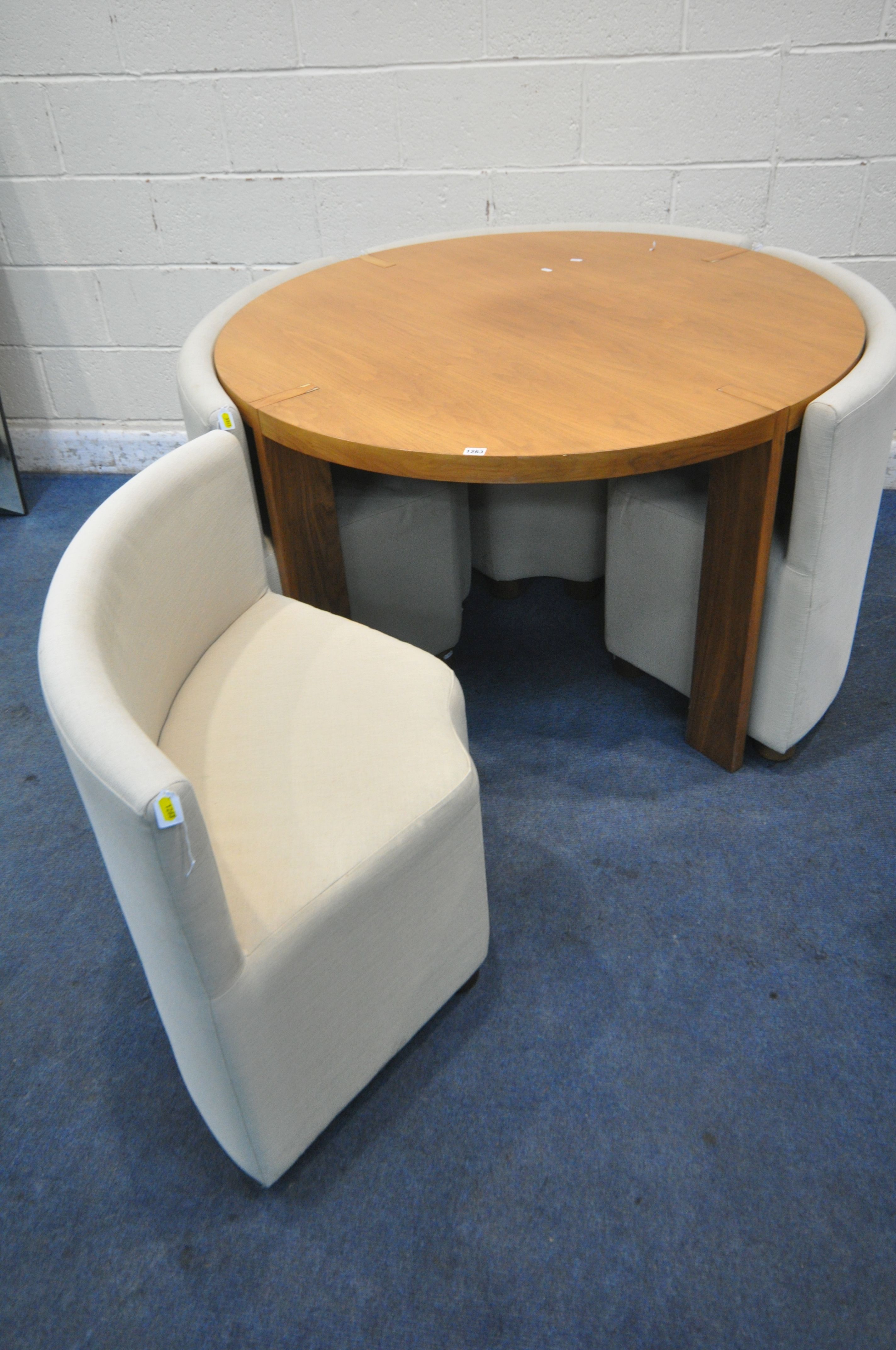 A MID CENTURY CIRCULAR DINING TABLE, diameter 120cm x height 75cm, along with a set of four beige - Image 6 of 6