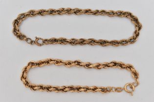 TWO ROPE TWIST BRACELETS, the first fitted with a spring clasp, hallmarked 9ct London import, length