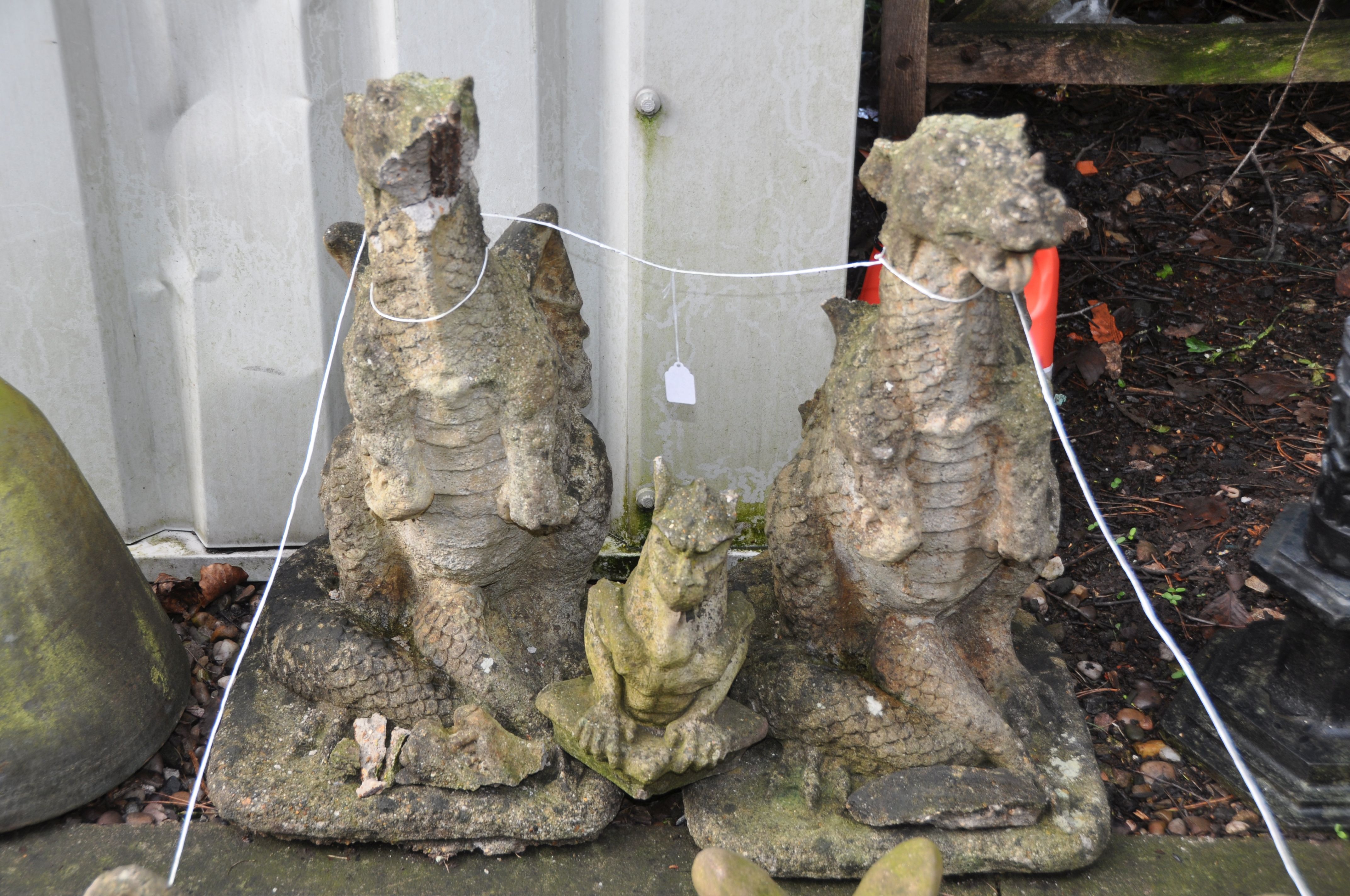 A COLLECTION OF MODERN COMPOSITE GARDEN FIGURES including two damaged dragons 66cm high, two other - Image 2 of 7