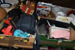 FOUR BOXES AND LOOSE SUNDRY ITEMS ETC, to include Bushnell 10x50 binoculars, black Bakelite