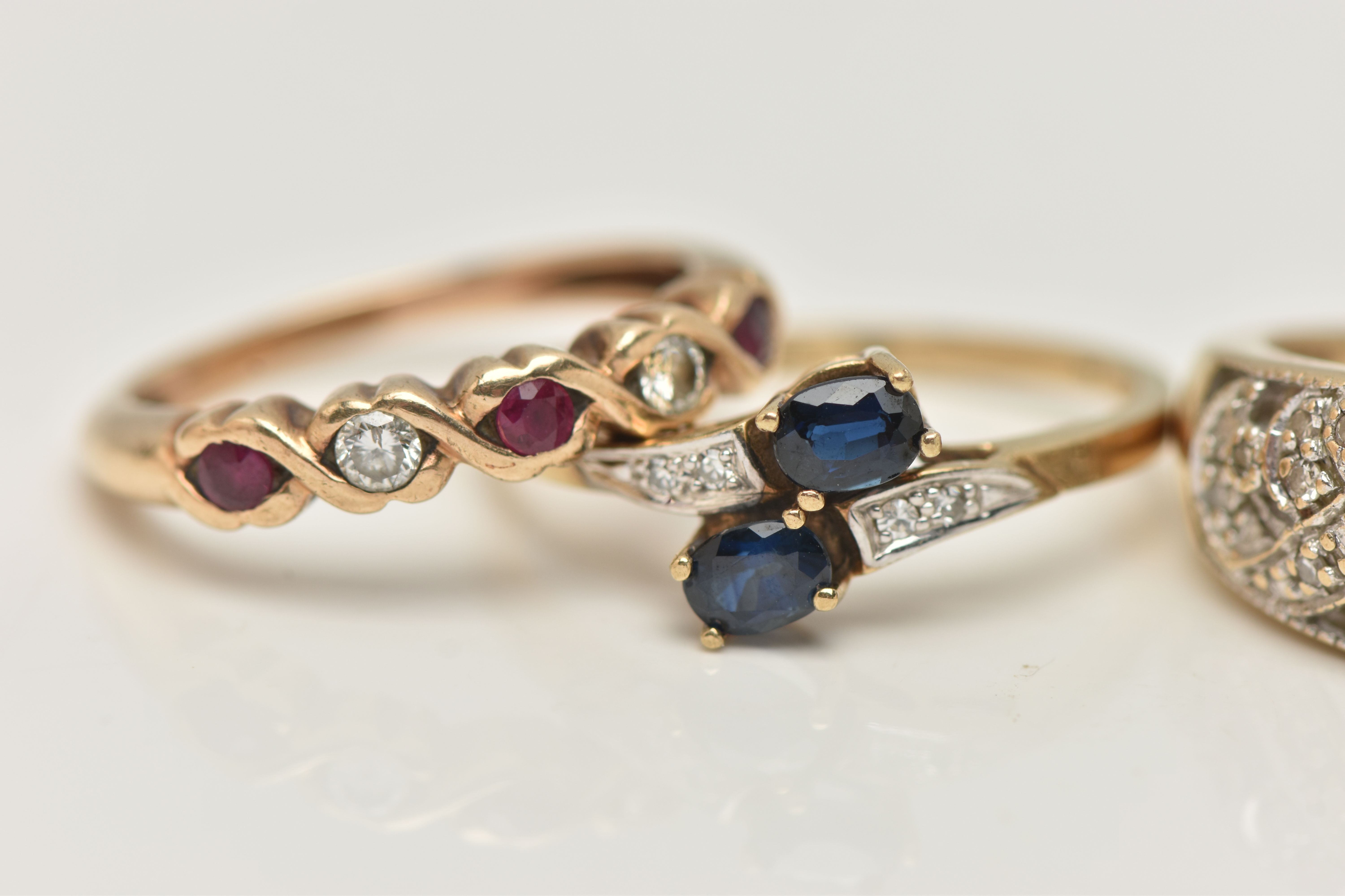 FOUR GEM SET RINGS, to include an open work diamond set band ring, hallmarked 9ct Edinburgh, ring - Image 3 of 4