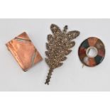 A CUT STEEL BROOCH, SCOTTISH BROOCH AND BRASS BOOK LIGHTER, a foliage design cut steel brooch,