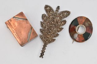 A CUT STEEL BROOCH, SCOTTISH BROOCH AND BRASS BOOK LIGHTER, a foliage design cut steel brooch,