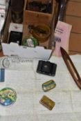 ONE BOX OF CAMERAS, TINS AND INDENTURES, to include a brass based minor's lamp stamped Marsaut A- 77