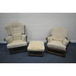 AN ERCOL 'CLOISTER' ELM AND BEECH THREE PIECE SUITE, comprising a ladies and gents armchair, along