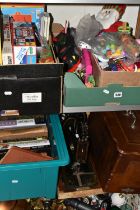 THREE BOXES AND LOOSE TOYS, GAMES, BOOKS, SEWING MACHINE AND SUNDRY ITEMS, to include a Tunbridge