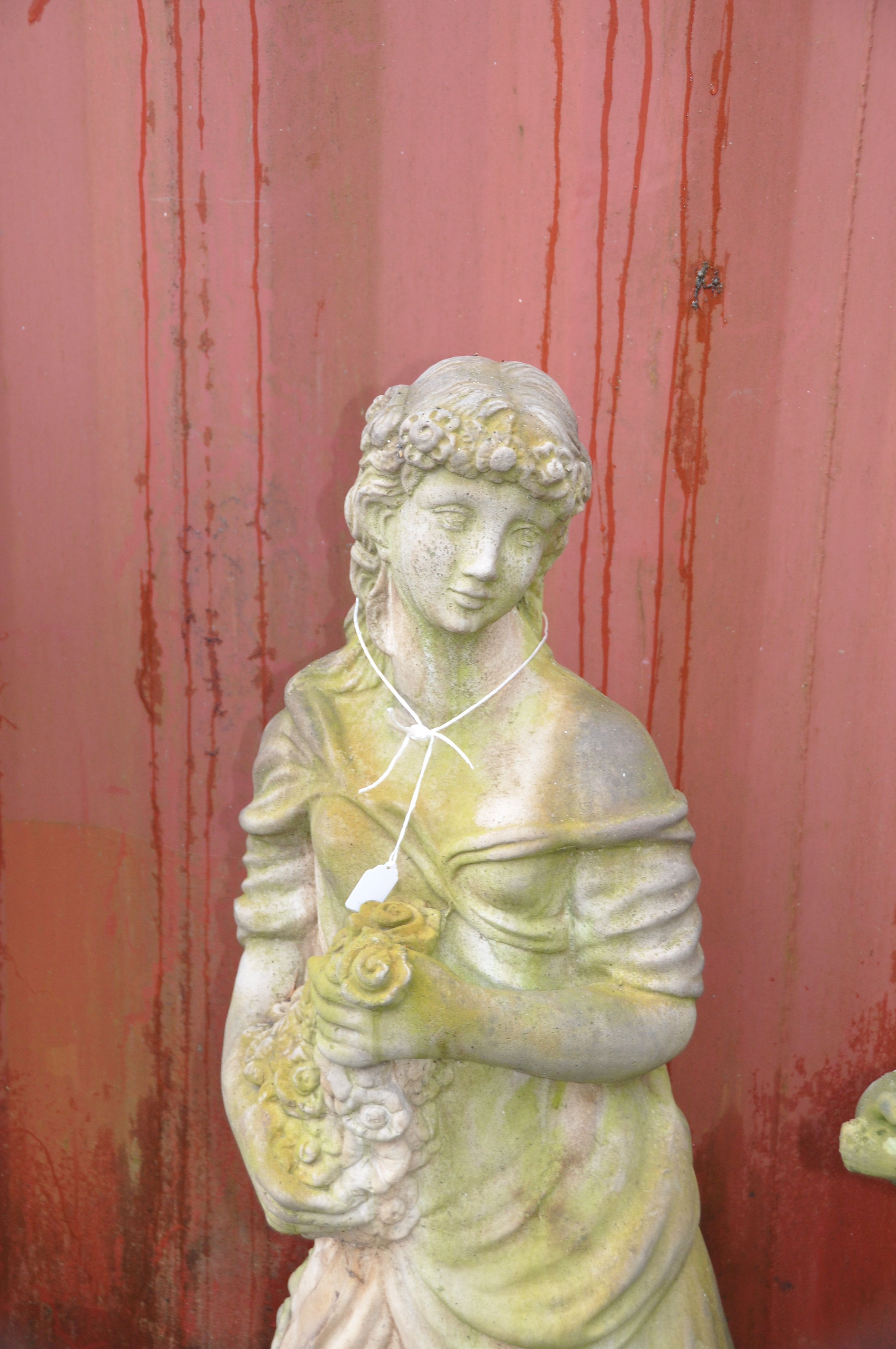 A WEATHERED COMPOSITE FIGURE OF A LADY CARRYING FLOWERS standing height 120cm (Condition Report: - Image 2 of 2