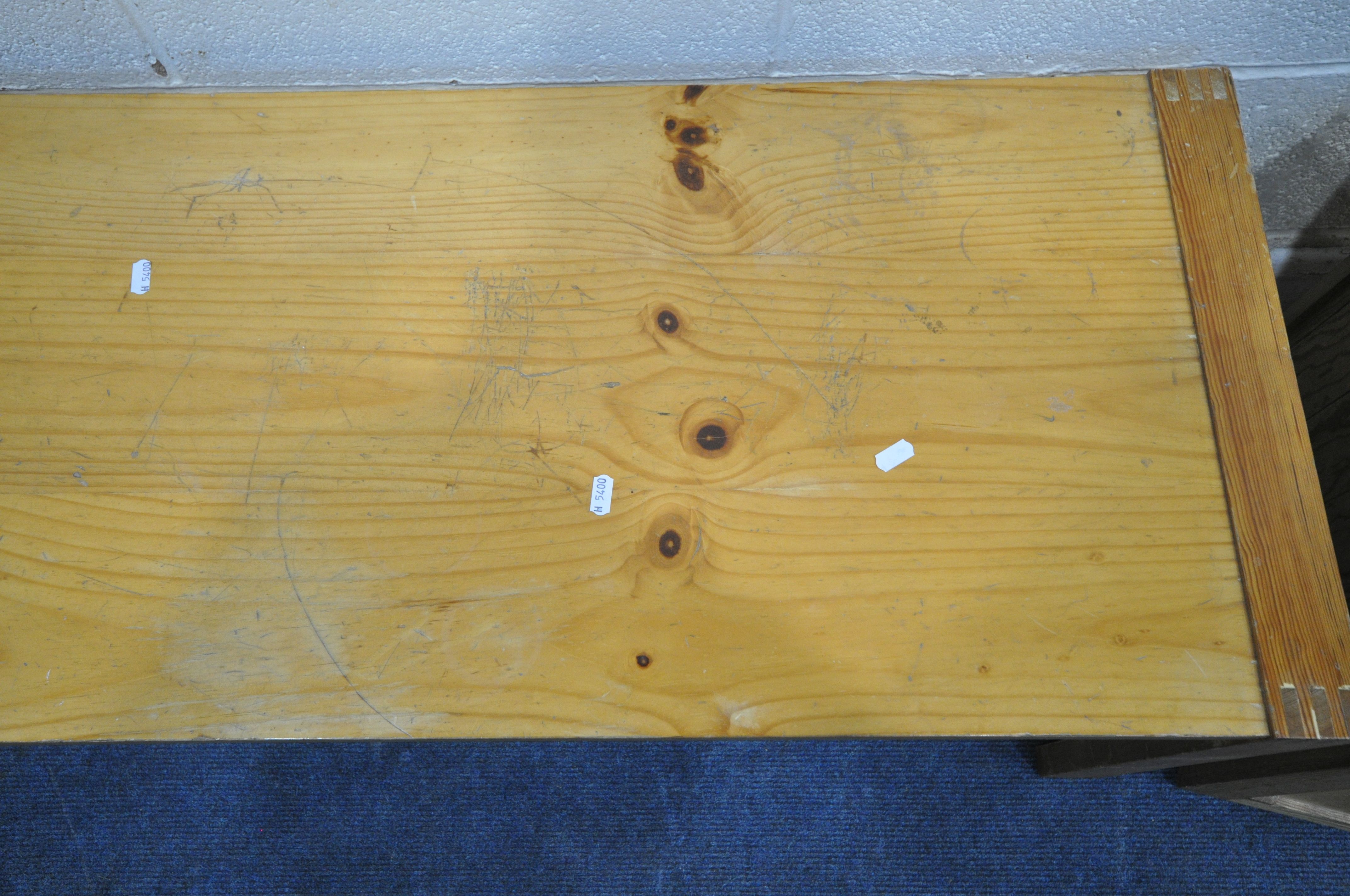 A PINE RECTANGULAR COFFEE TABLE, length 143cm x depth 45cm x height 44cm, along with two pine - Image 3 of 5