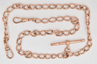 A 9CT ROSE GOLD DOUBLE ALBERT CHAIN, curb links each stamped 9.375, fitted with a T-bar,
