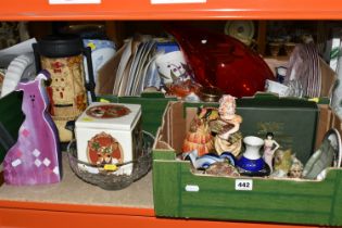 TWO BOXES AND LOOSE CERAMICS AND GLASS ETC, to include a Royal Worcester 'Hector' dog, five Spode '