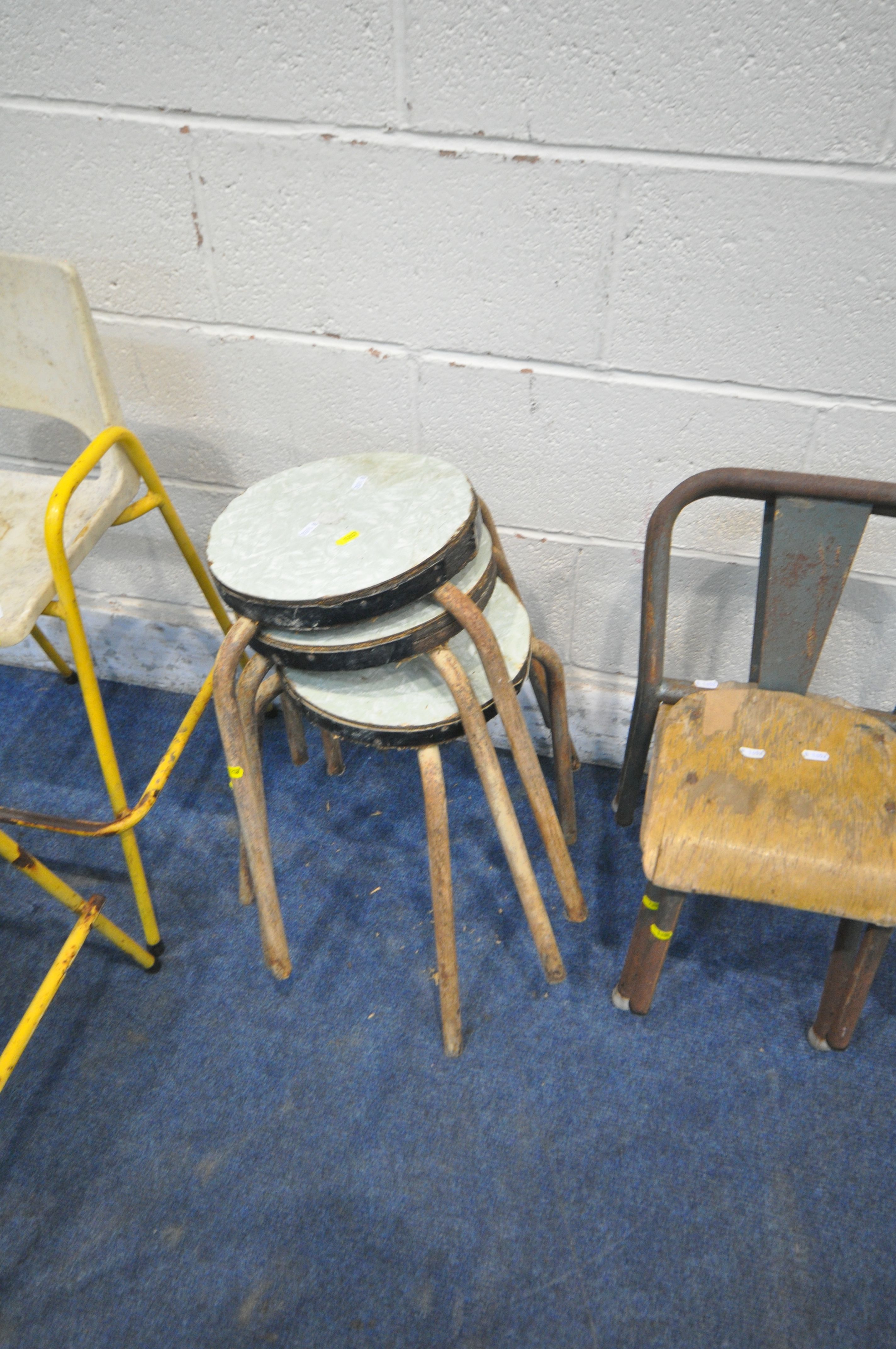 A PAIR OF 20TH CENTURY CHILDS HIGH CHAIRS, with metal frame, a set of three stools, two industrial - Image 3 of 5