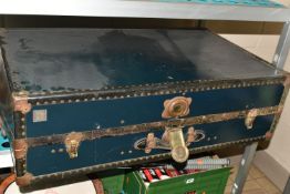 A VINTAGE 'WATAJOY' DARK BLUE LEATHER MOUNTED CABIN TRUNK WITH CUNARD WHITE STAR TO EUROPE LABEL