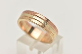 A TRI COLOUR WIDE BAND RING, yellow, rose and white bands, approximate band width 5.7mm, unmarked,