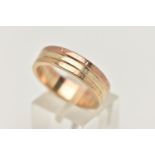 A TRI COLOUR WIDE BAND RING, yellow, rose and white bands, approximate band width 5.7mm, unmarked,