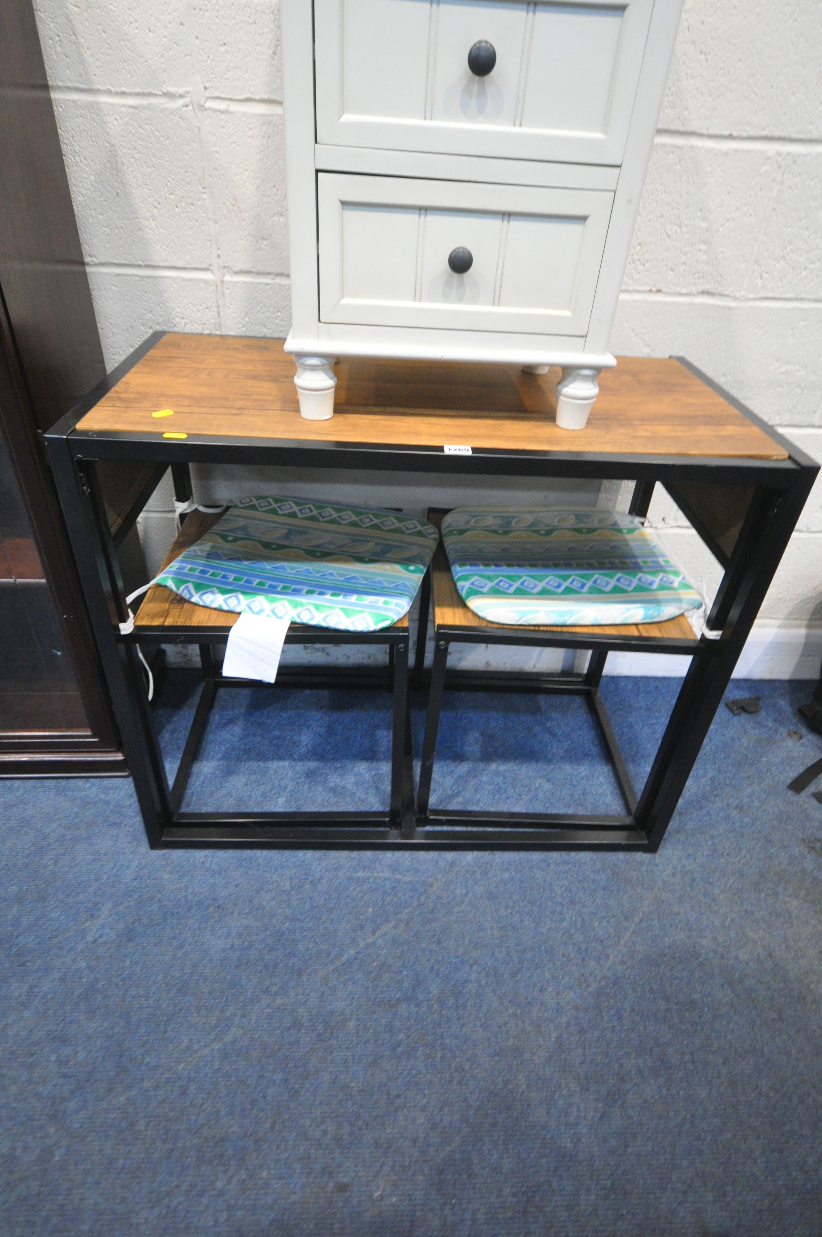 A HARBOUR HOUSEWARES TABLE AND TWO CHAIRS, with tubular metal frame, a white cabinet, with two doors - Image 2 of 4