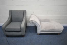 A GREY UPHOLSTERED ARMCHAIR, width 77cm x depth 88cm x height 88cm, along with a modern chaise